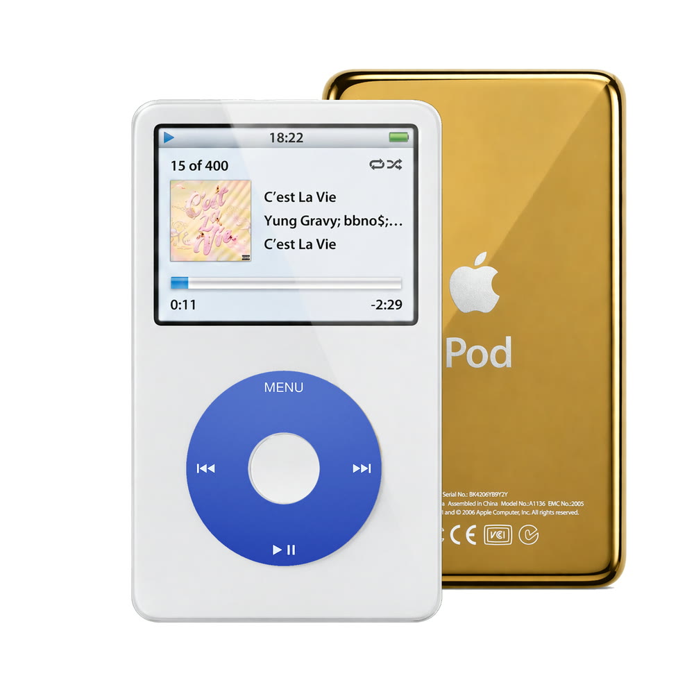 White refurbished iPod Video 5.5 Gen with Blue click wheel and Gold back plate