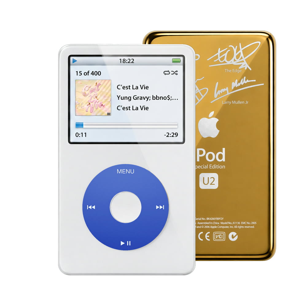 White refurbished iPod Video 5.5 Gen with Blue click wheel and Gold U2 back plate