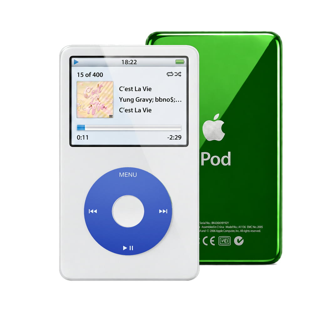White refurbished iPod Video 5.5 Gen with Blue click wheel and Green back plate