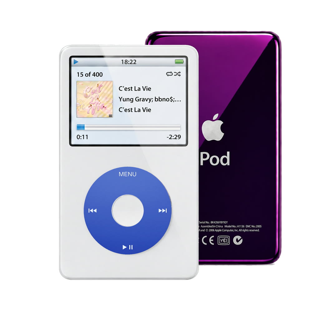 White refurbished iPod Video 5.5 Gen with Blue click wheel and Purple back plate