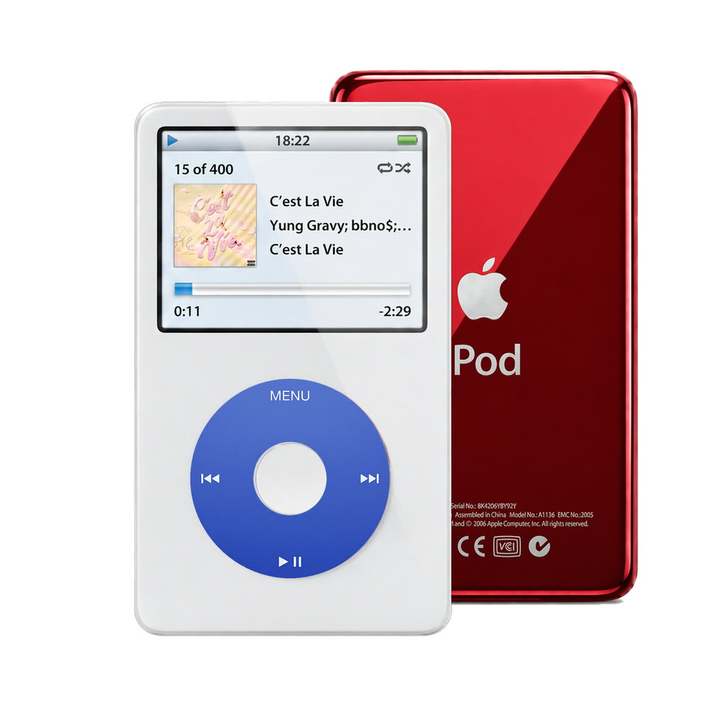 White refurbished iPod Video 5.5 Gen with Blue click wheel and Red back plate