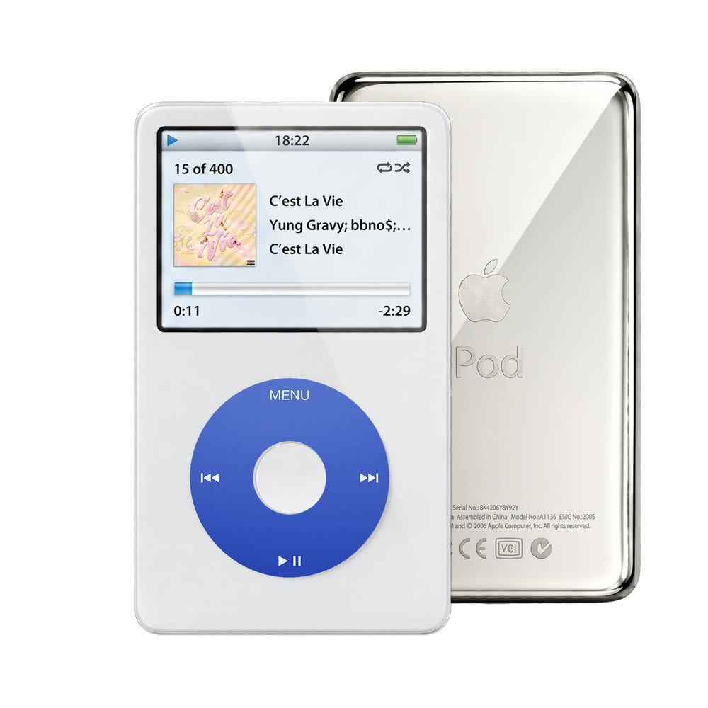 White refurbished iPod Video 5.5 Gen with Blue click wheel and Silver back plate