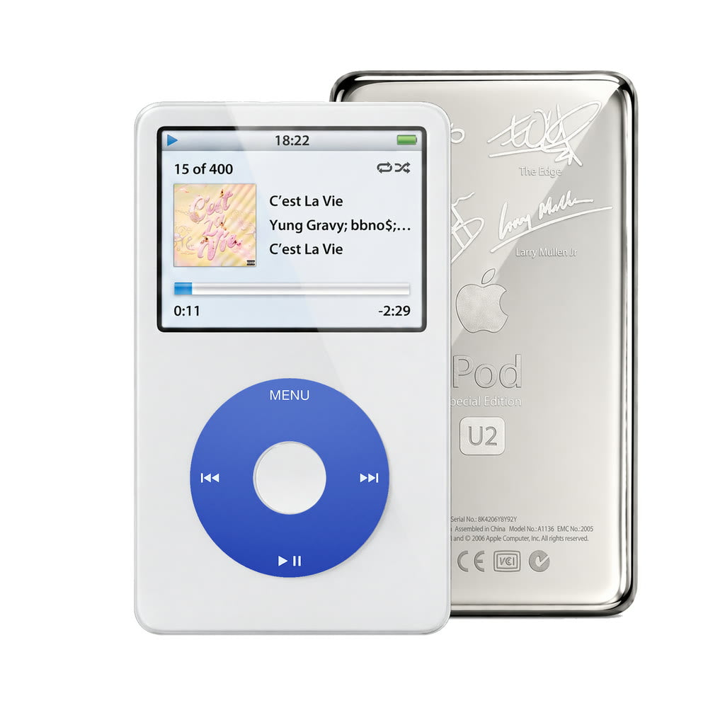 White refurbished iPod Video 5.5 Gen with Blue click wheel and Silver U2 back plate