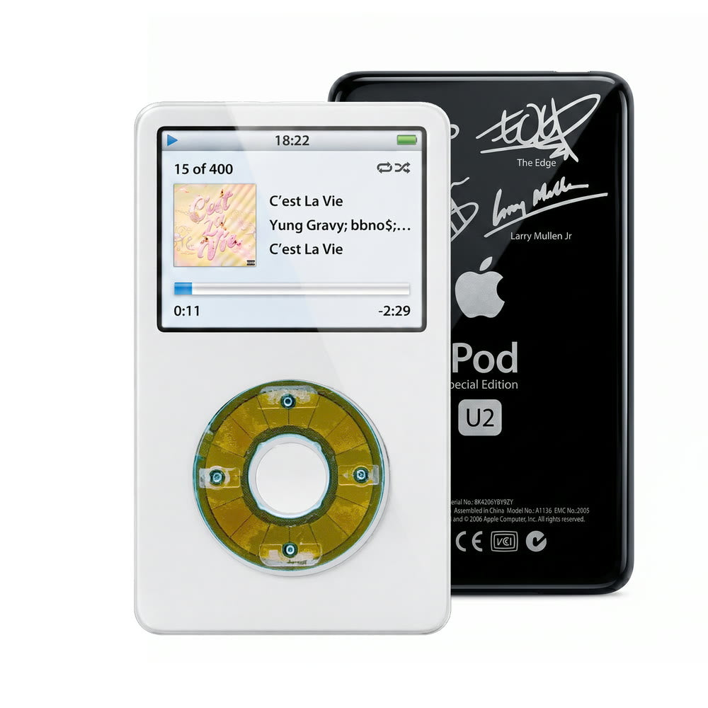 White refurbished iPod Video 5.5 Gen with Clear Blue click wheel and Black U2 back plate