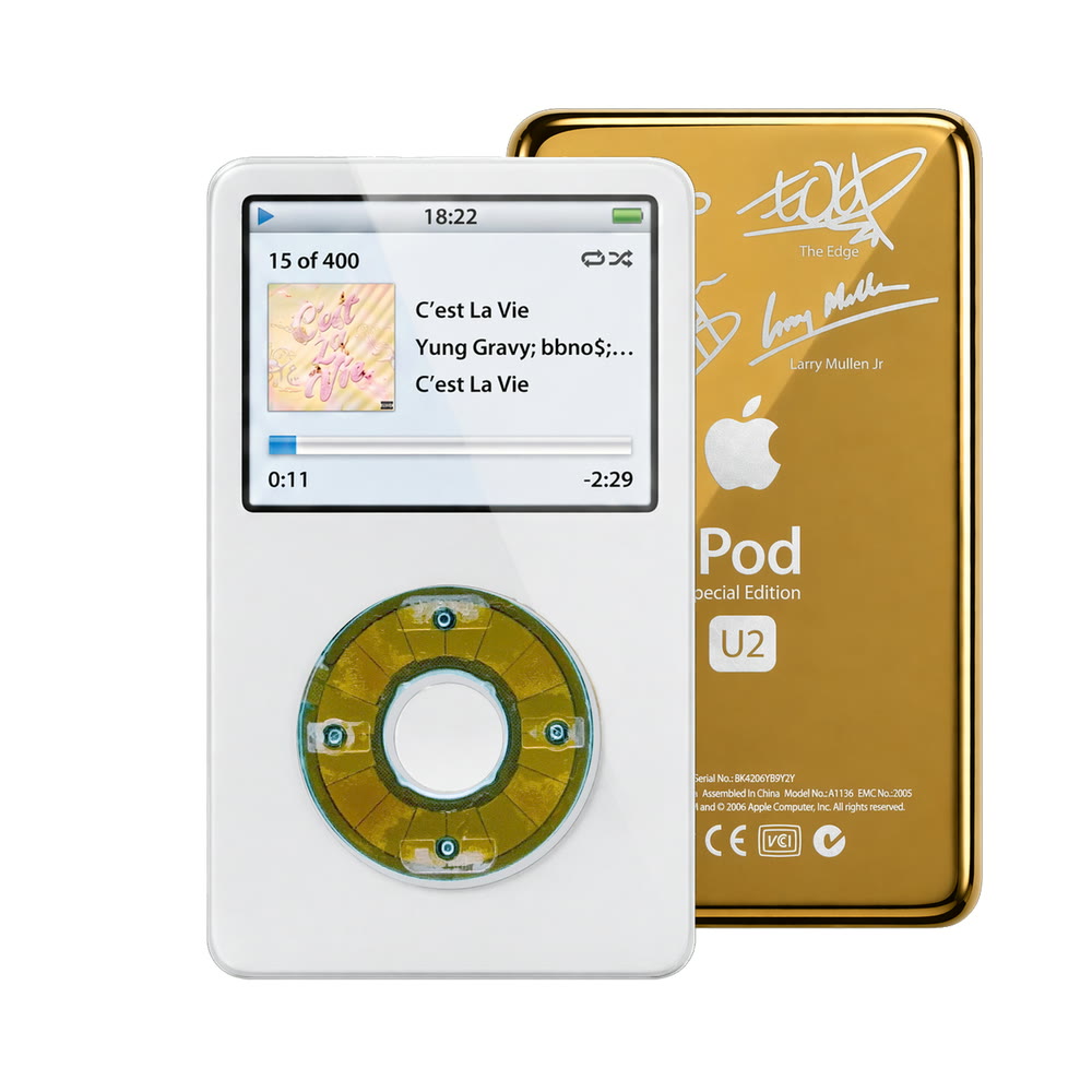 White refurbished iPod Video 5.5 Gen with Clear Blue click wheel and Gold U2 back plate