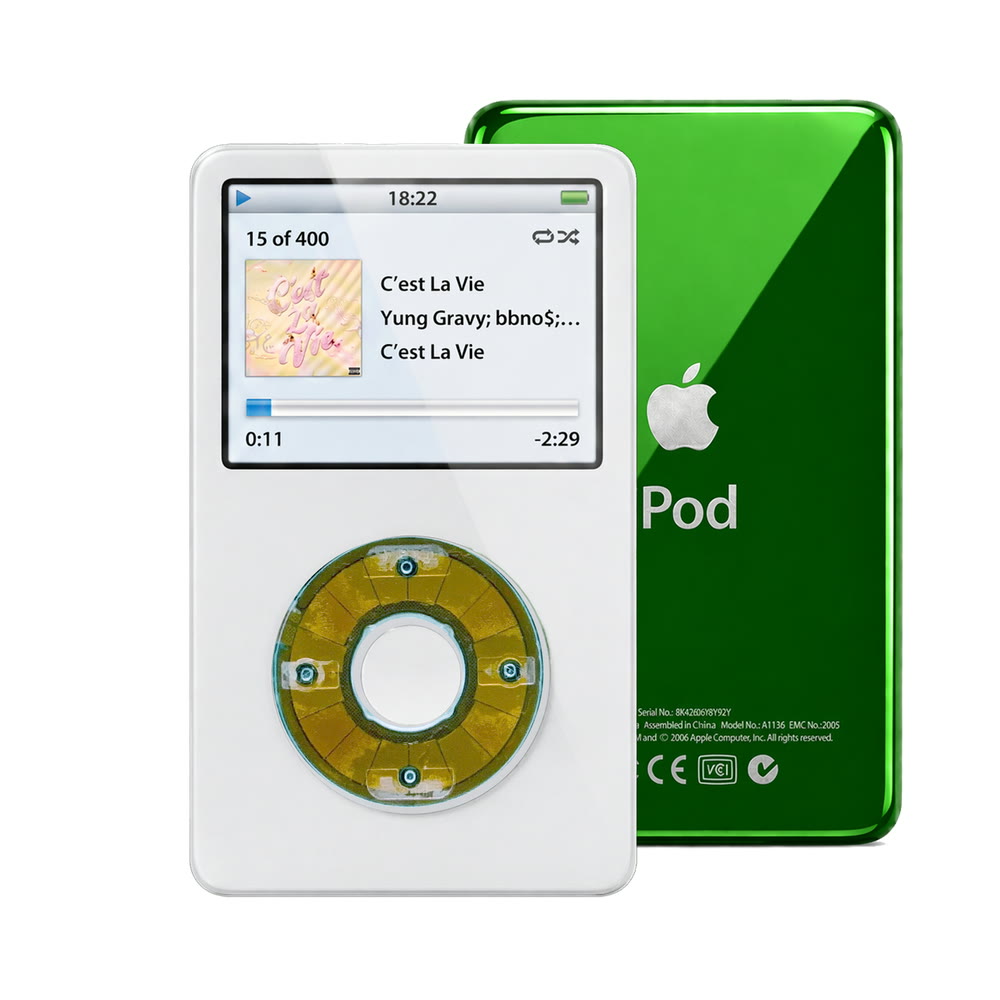 White refurbished iPod Video 5.5 Gen with Clear Blue click wheel and Green back plate