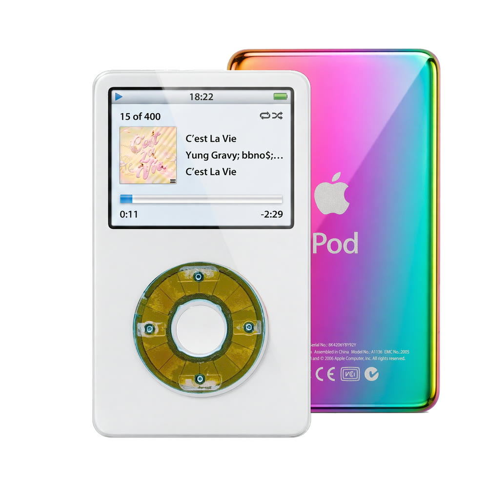 White refurbished iPod Video 5.5 Gen with Clear Blue click wheel and Rainbow back plate