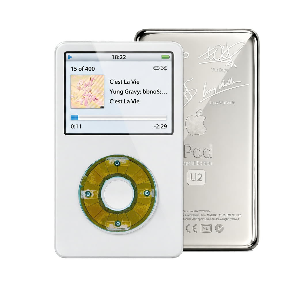 White refurbished iPod Video 5.5 Gen with Clear Blue click wheel and Silver U2 back plate