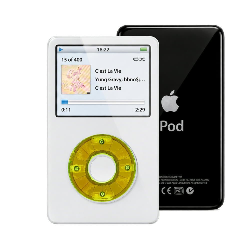 White refurbished iPod Video 5.5 Gen with Clear Green click wheel and Black back plate
