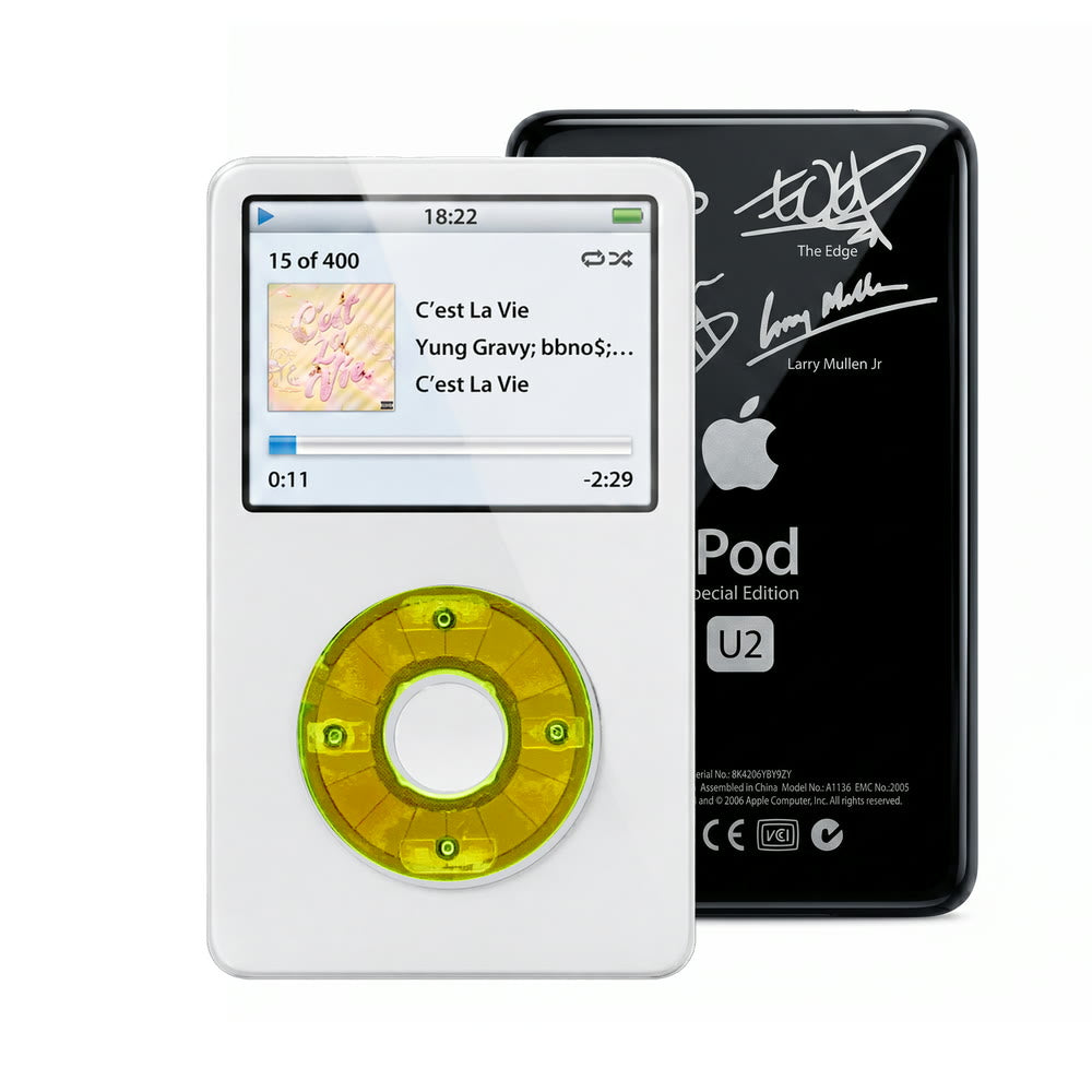 White refurbished iPod Video 5.5 Gen with Clear Green click wheel and Black U2 back plate
