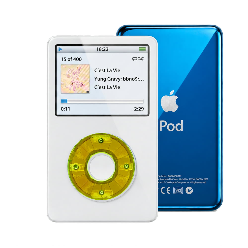 White refurbished iPod Video 5.5 Gen with Clear Green click wheel and Blue back plate