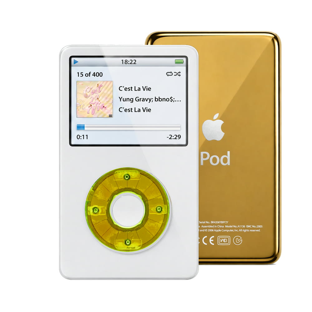 White refurbished iPod Video 5.5 Gen with Clear Green click wheel and Gold back plate
