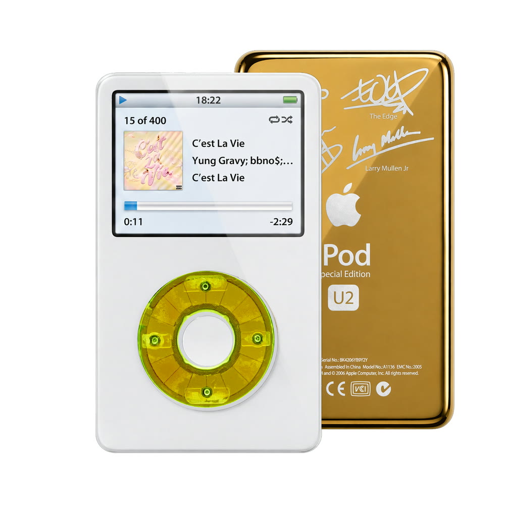 White refurbished iPod Video 5.5 Gen with Clear Green click wheel and Gold U2 back plate