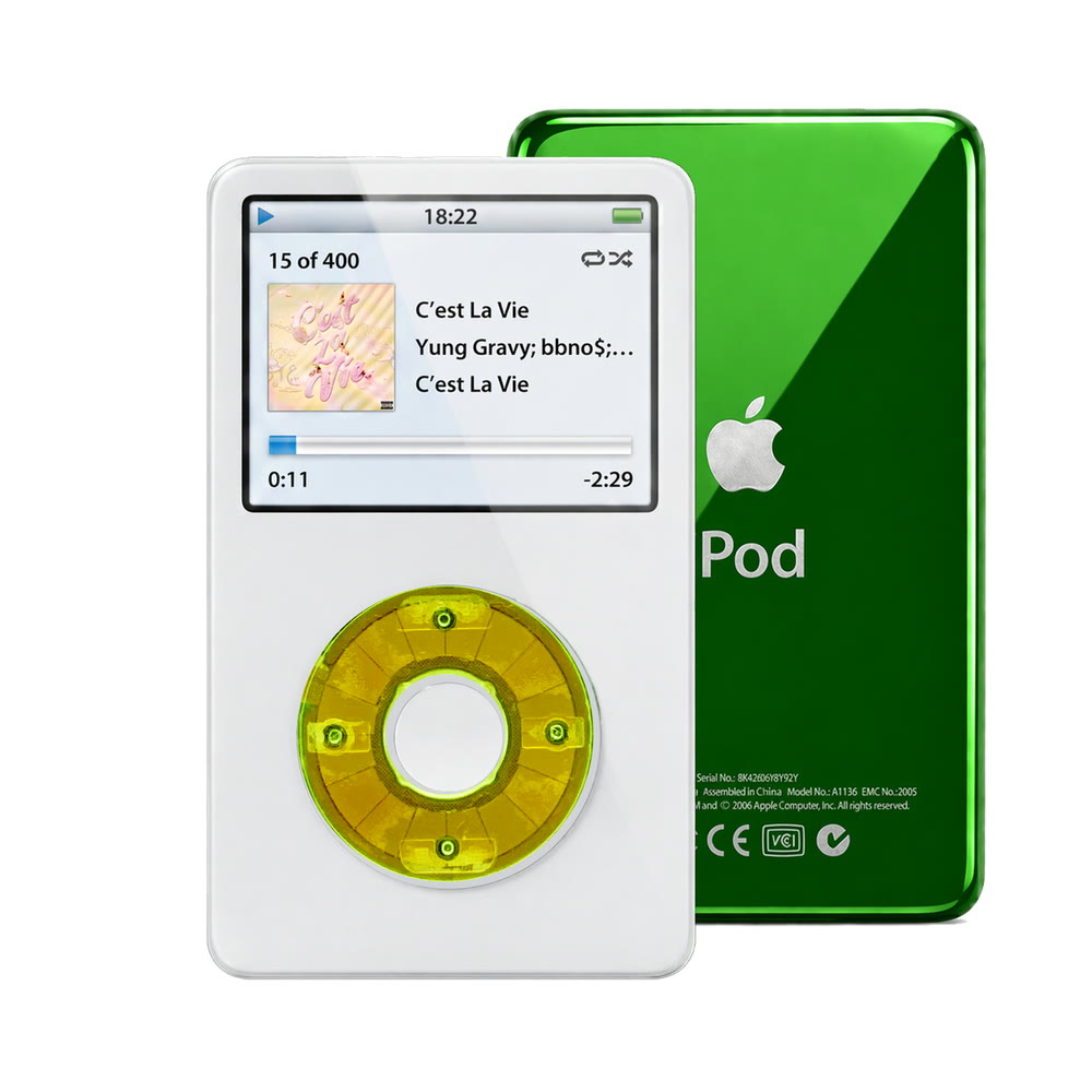 White refurbished iPod Video 5.5 Gen with Clear Green click wheel and Green back plate