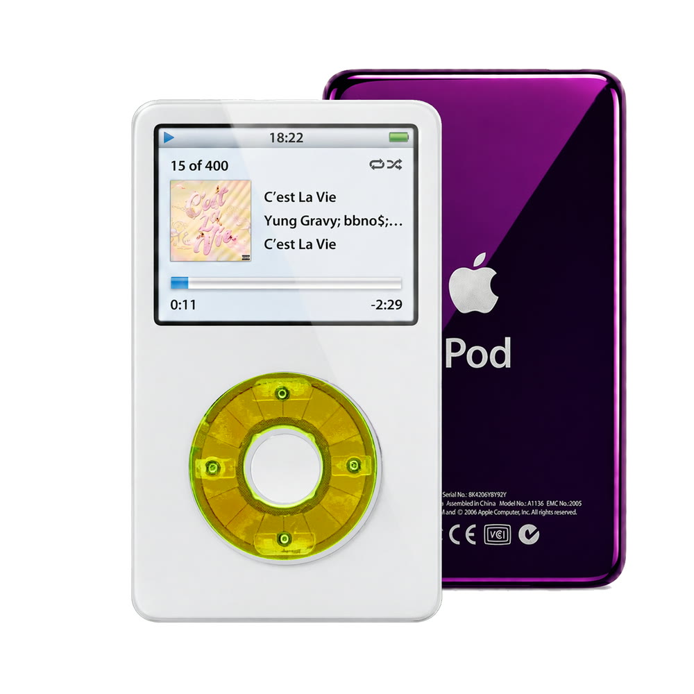 White refurbished iPod Video 5.5 Gen with Clear Green click wheel and Purple back plate
