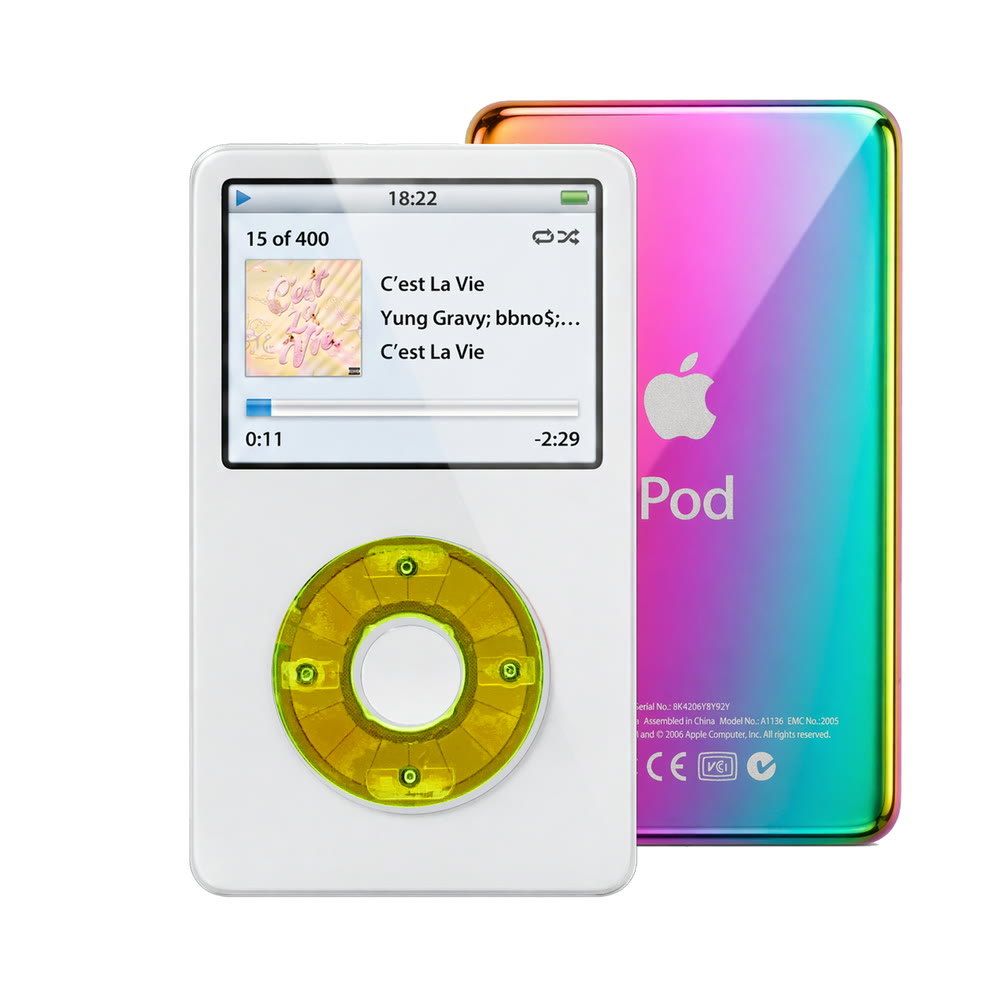 White refurbished iPod Video 5.5 Gen with Clear Green click wheel and Rainbow back plate