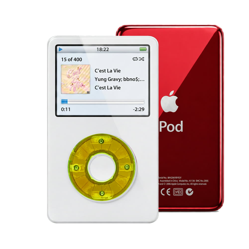 White refurbished iPod Video 5.5 Gen with Clear Green click wheel and Red back plate