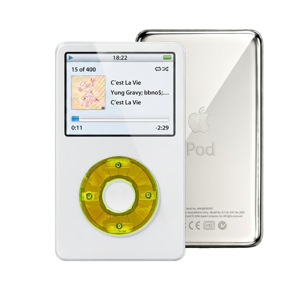 White refurbished iPod Video 5.5 Gen with Clear Green click wheel and Silver back plate