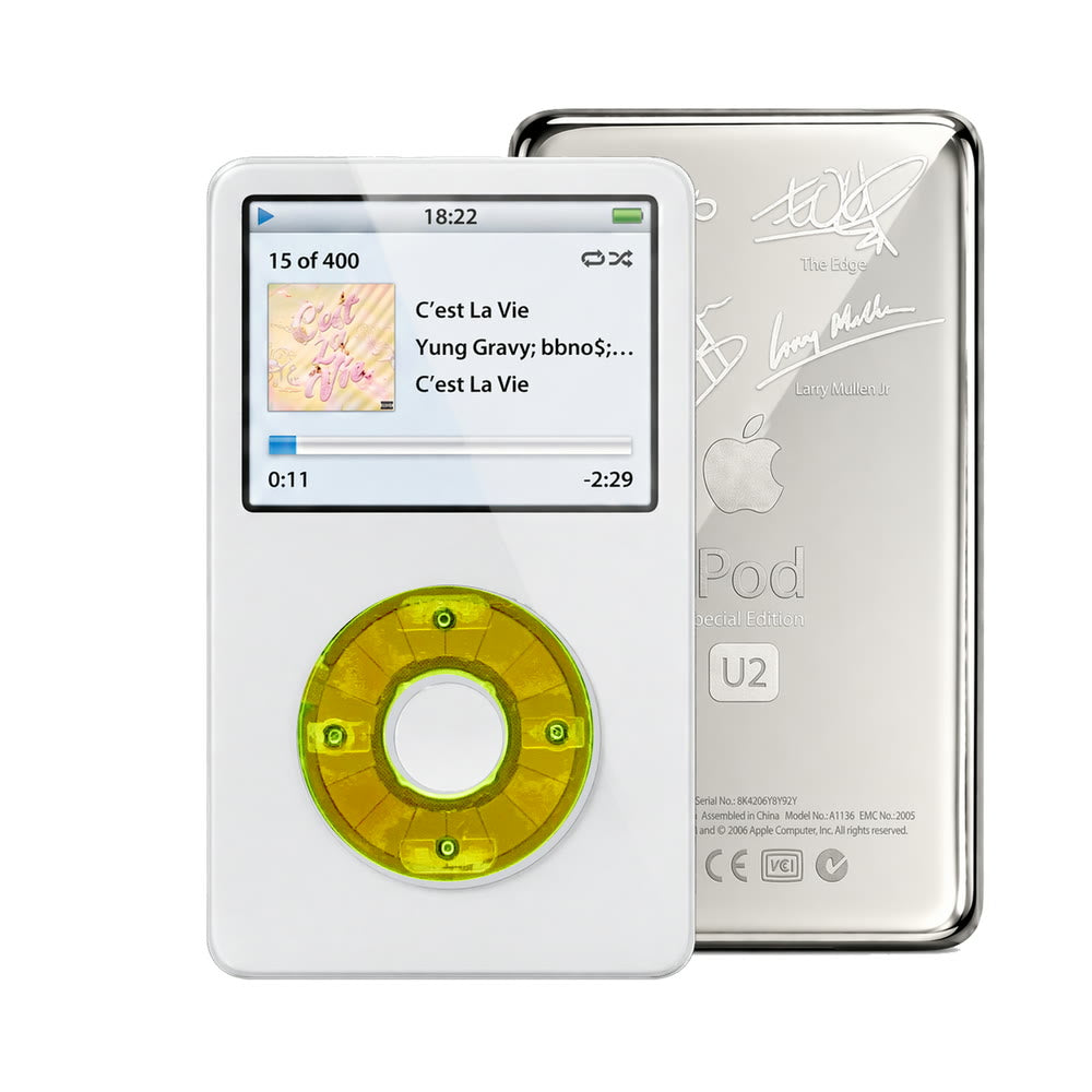 White refurbished iPod Video 5.5 Gen with Clear Green click wheel and Silver U2 back plate