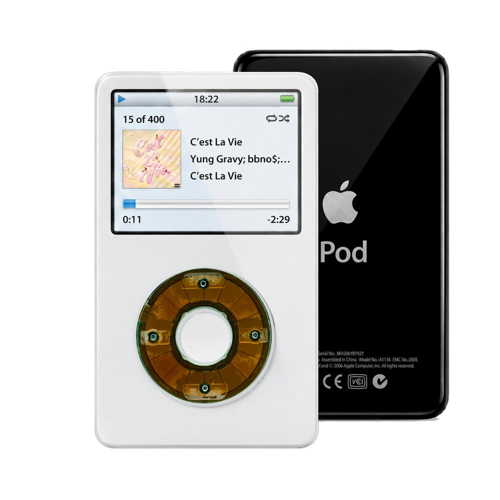 White refurbished iPod Video 5.5 Gen with Clear Gray click wheel and Black back plate