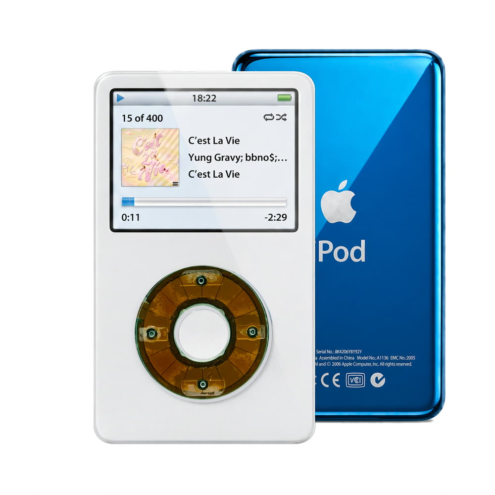 White refurbished iPod Video 5.5 Gen with Clear Gray click wheel and Blue back plate