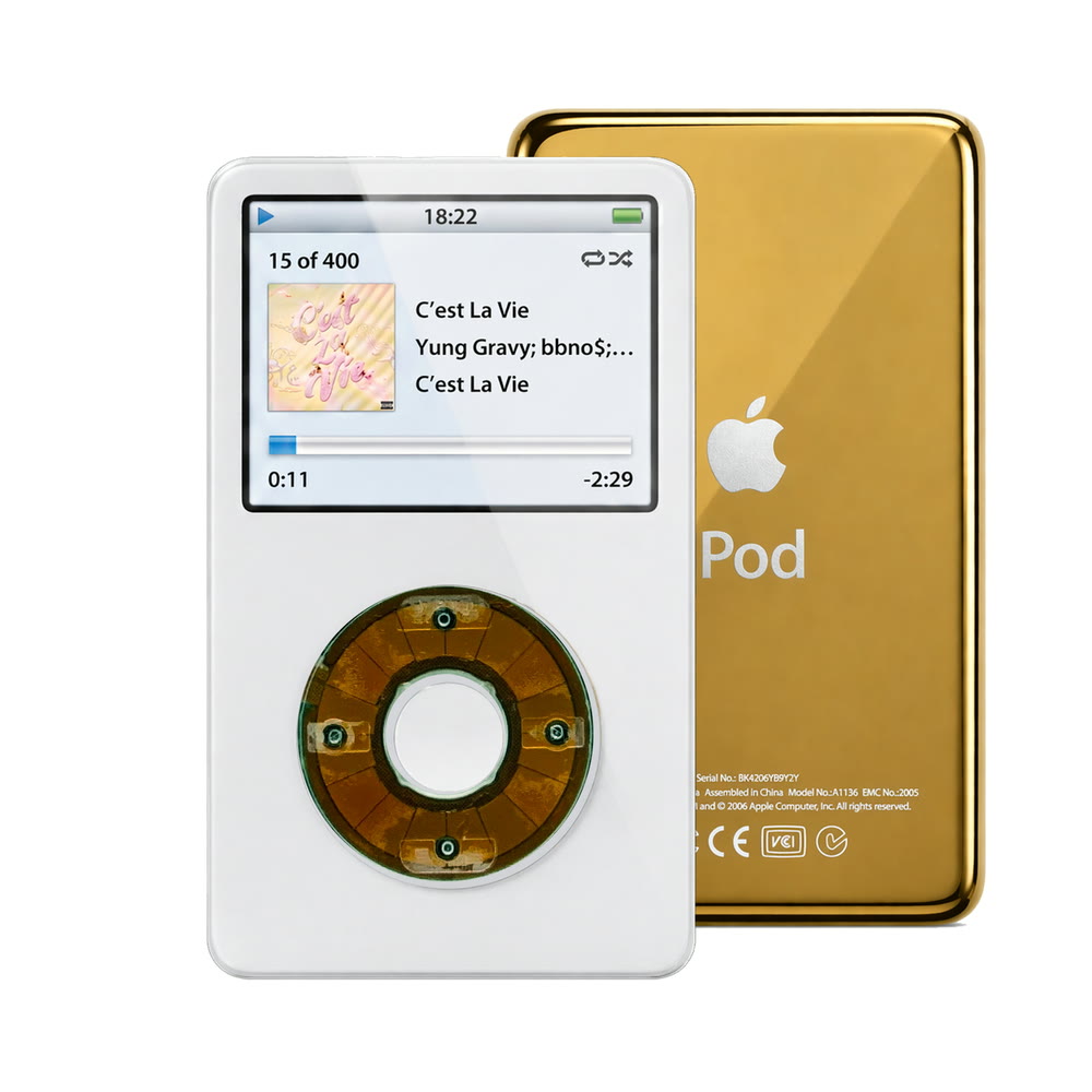 White refurbished iPod Video 5.5 Gen with Clear Gray click wheel and Gold back plate