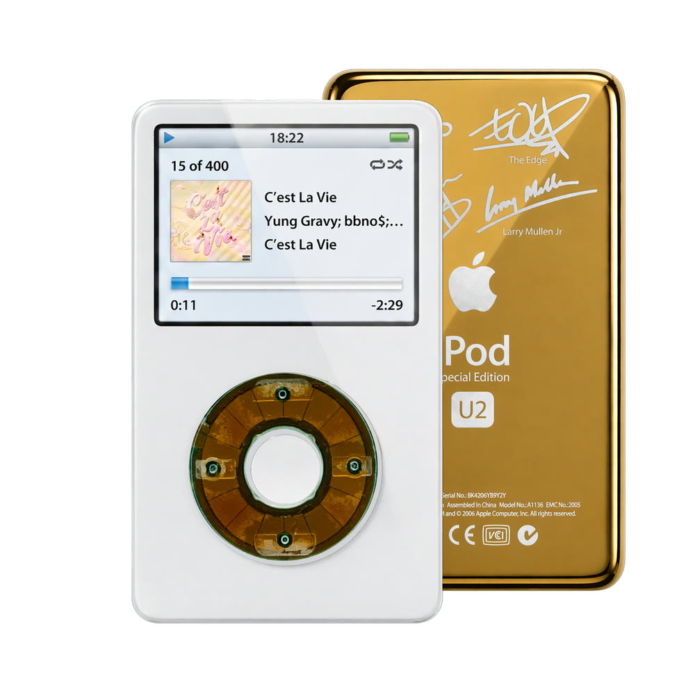 White refurbished iPod Video 5.5 Gen with Clear Gray click wheel and Gold U2 back plate