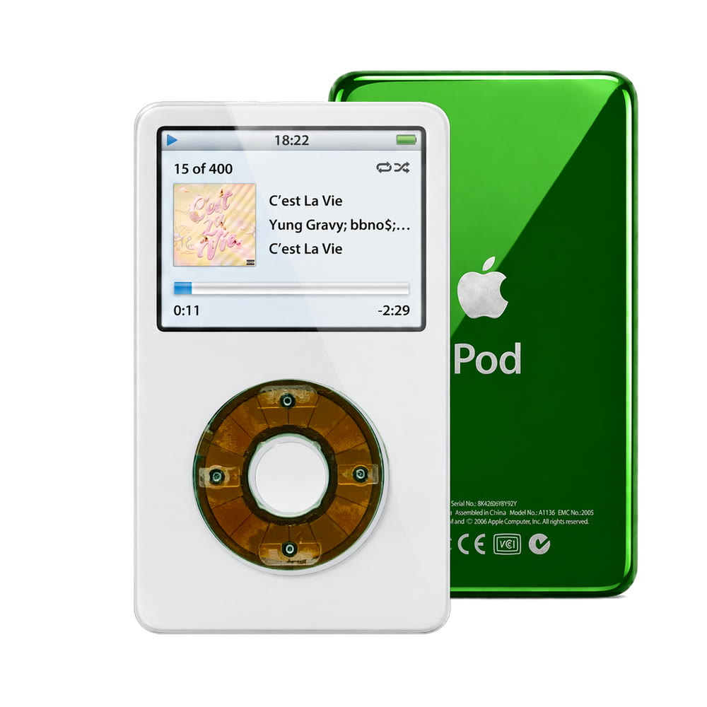White refurbished iPod Video 5.5 Gen with Clear Gray click wheel and Green back plate
