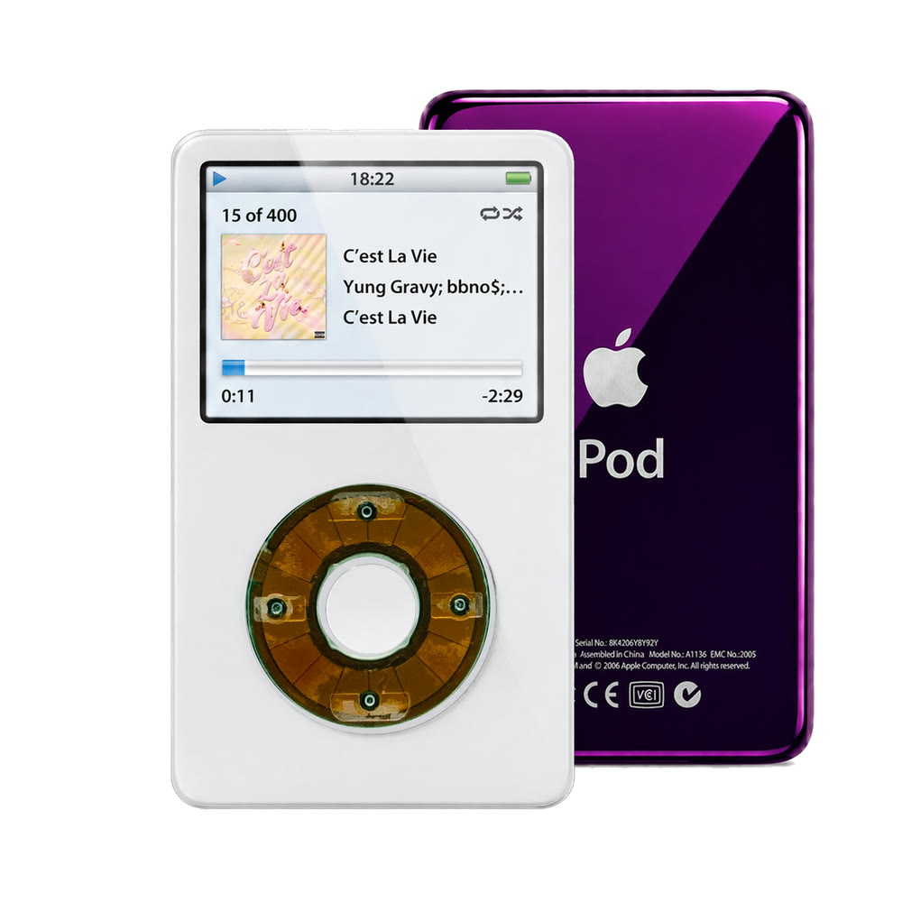 White refurbished iPod Video 5.5 Gen with Clear Gray click wheel and Purple back plate