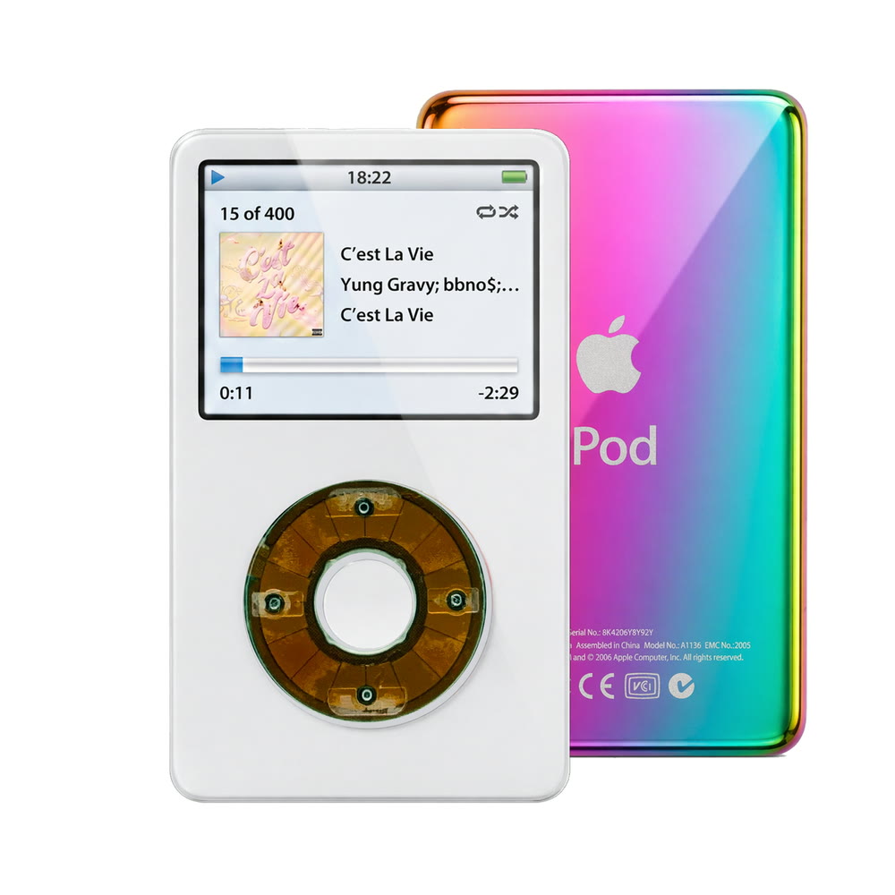 White refurbished iPod Video 5.5 Gen with Clear Gray click wheel and Rainbow back plate