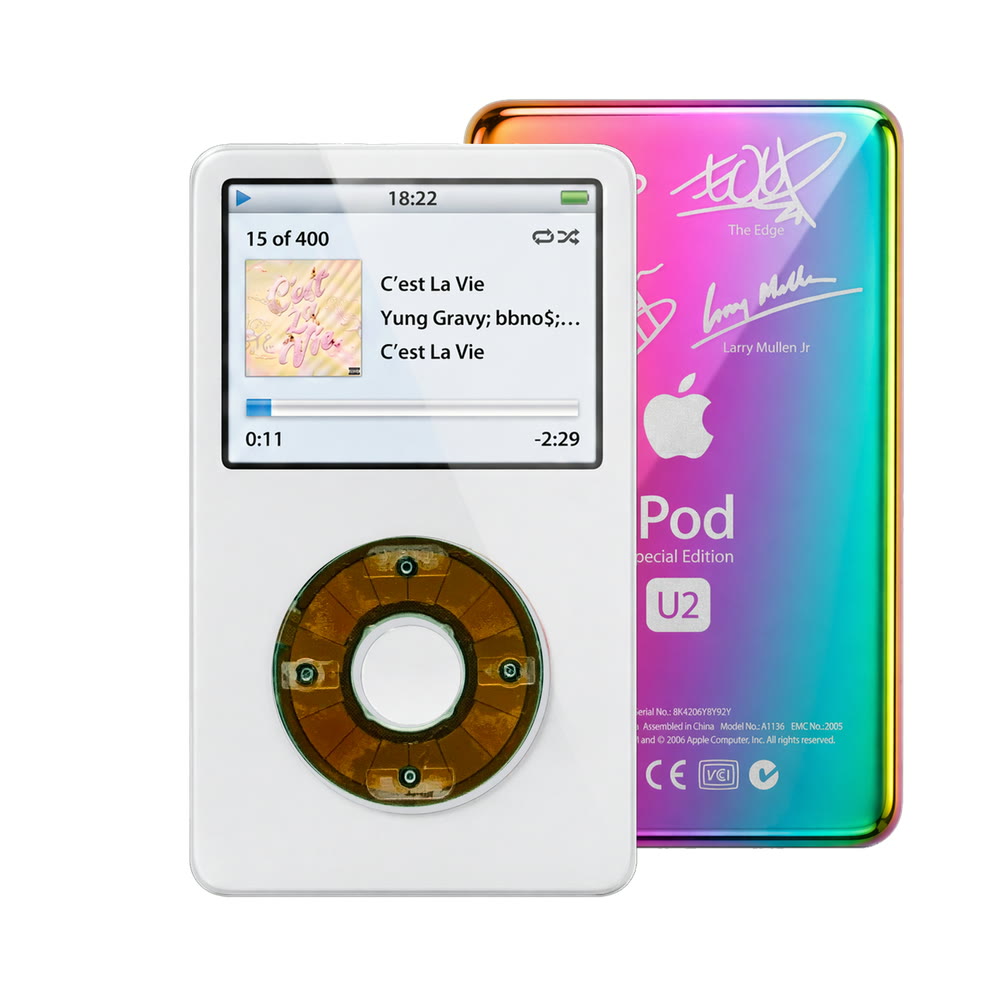 White refurbished iPod Video 5.5 Gen with Clear Gray click wheel and Rainbow U2 back plate