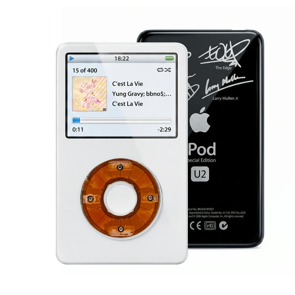 White refurbished iPod Video 5.5 Gen with Clear click wheel and Black U2 back plate