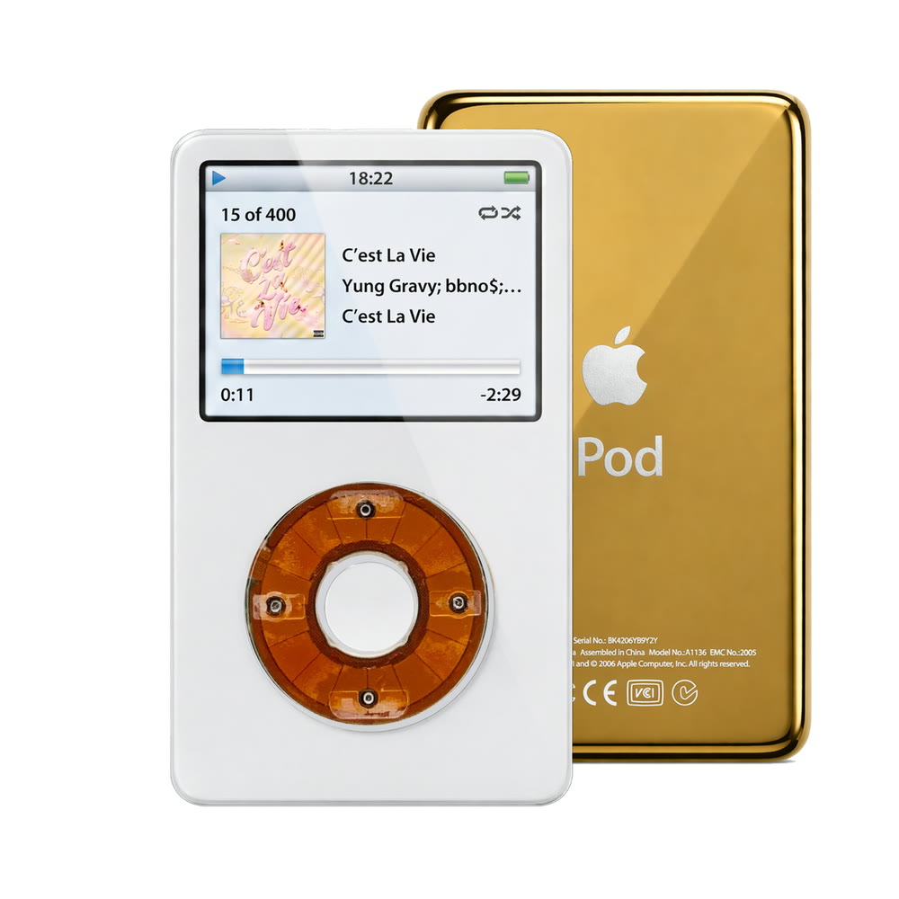 White refurbished iPod Video 5.5 Gen with Clear click wheel and Gold back plate
