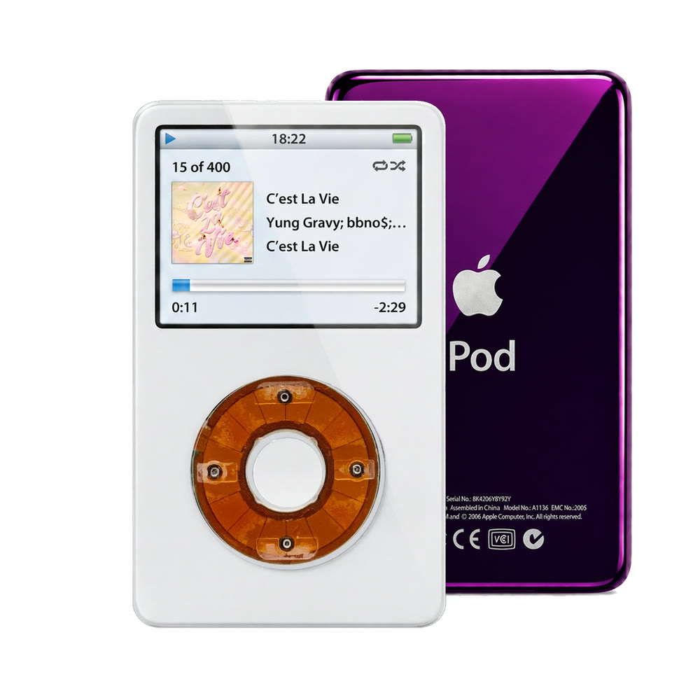 White refurbished iPod Video 5.5 Gen with Clear click wheel and Purple back plate