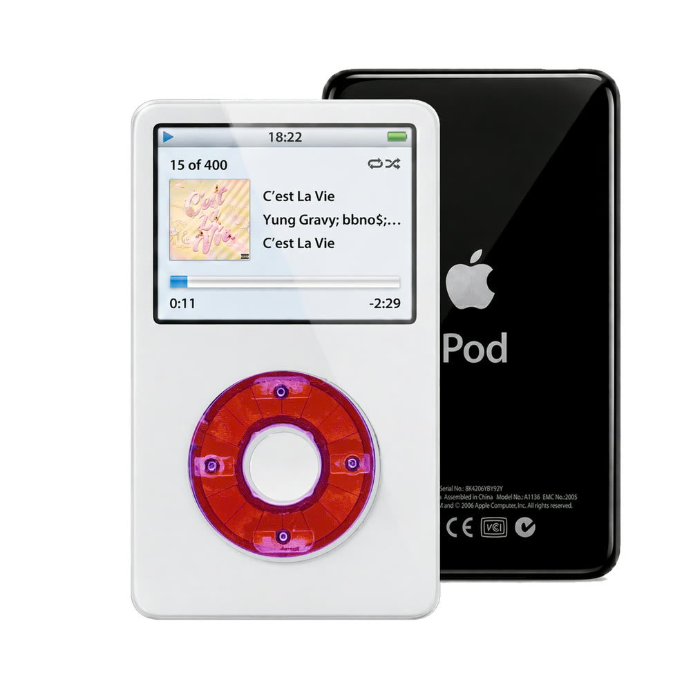 White refurbished iPod Video 5.5 Gen with Clear Purple click wheel and Black back plate
