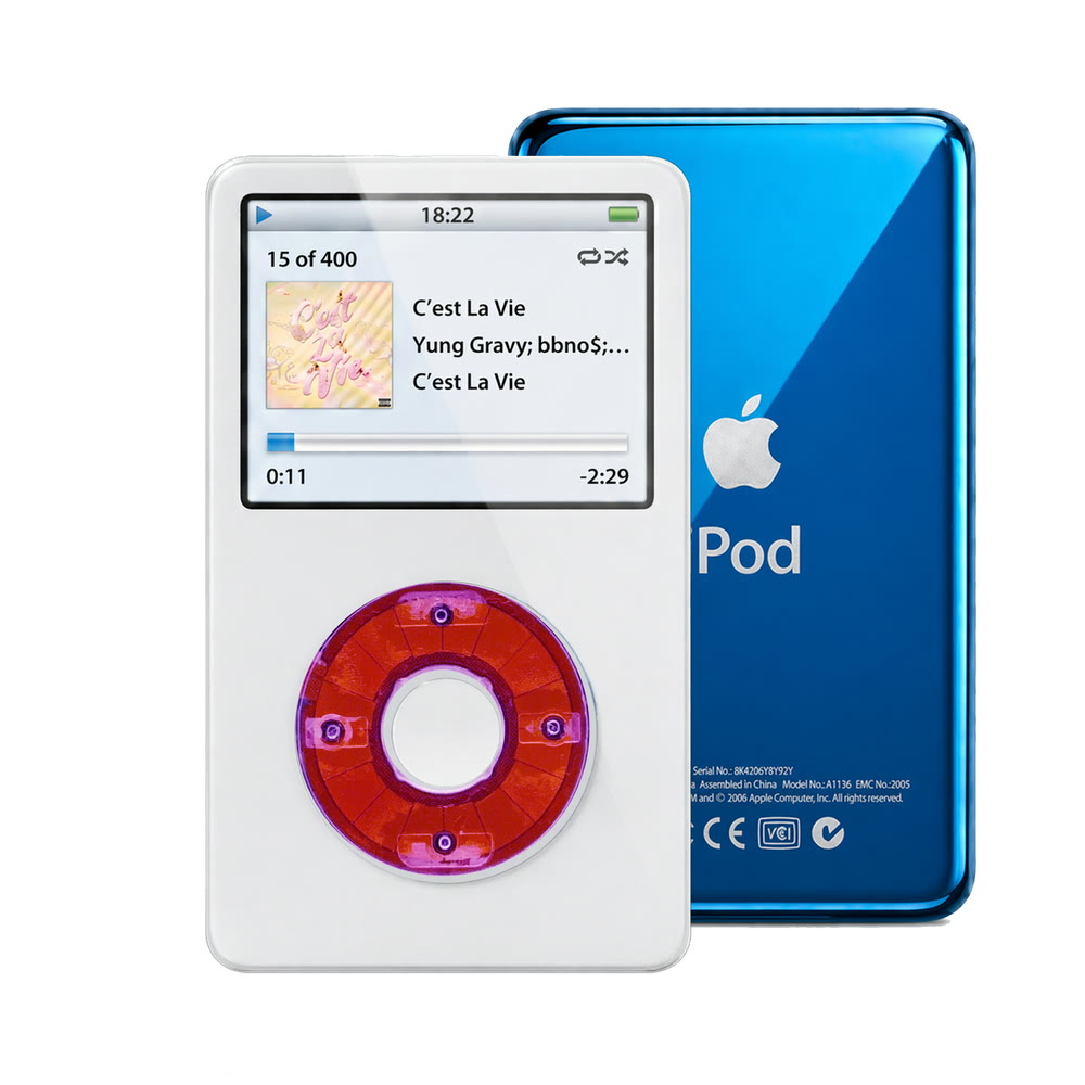White refurbished iPod Video 5.5 Gen with Clear Purple click wheel and Blue back plate
