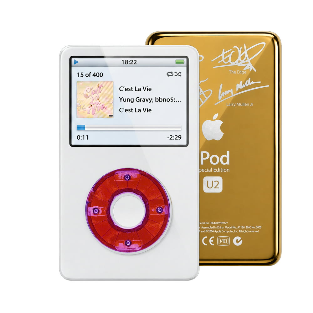 White refurbished iPod Video 5.5 Gen with Clear Purple click wheel and Gold U2 back plate