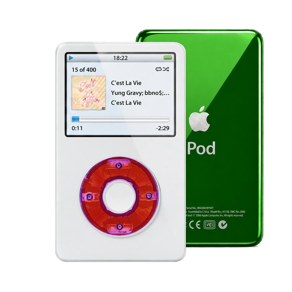 White refurbished iPod Video 5.5 Gen with Clear Purple click wheel and Green back plate