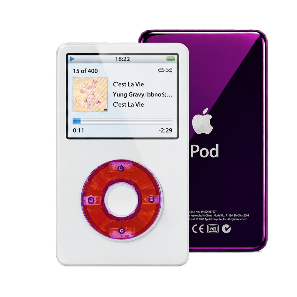 White refurbished iPod Video 5.5 Gen with Clear Purple click wheel and Purple back plate