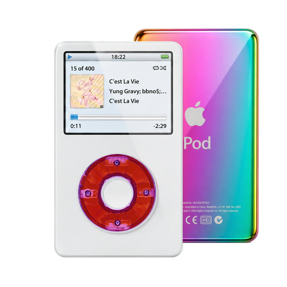 White refurbished iPod Video 5.5 Gen with Clear Purple click wheel and Rainbow back plate