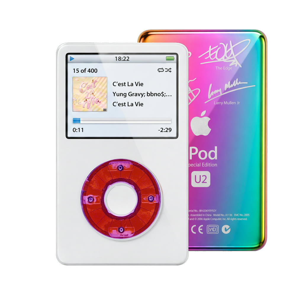White refurbished iPod Video 5.5 Gen with Clear Purple click wheel and Rainbow U2 back plate