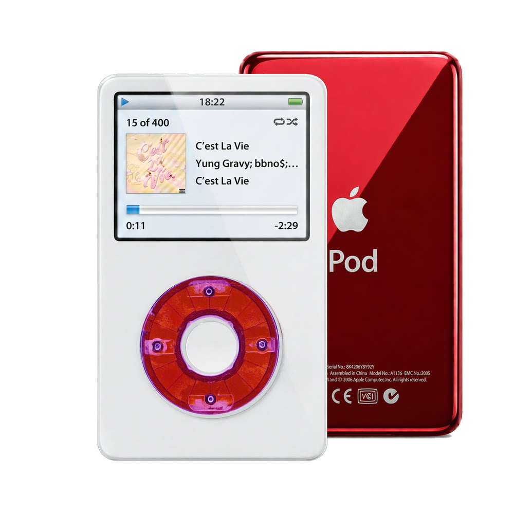 White refurbished iPod Video 5.5 Gen with Clear Purple click wheel and Red back plate