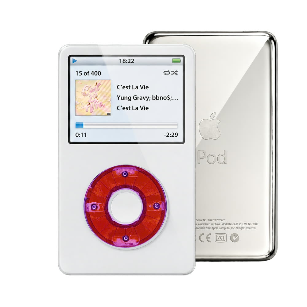 White refurbished iPod Video 5.5 Gen with Clear Purple click wheel and Silver back plate