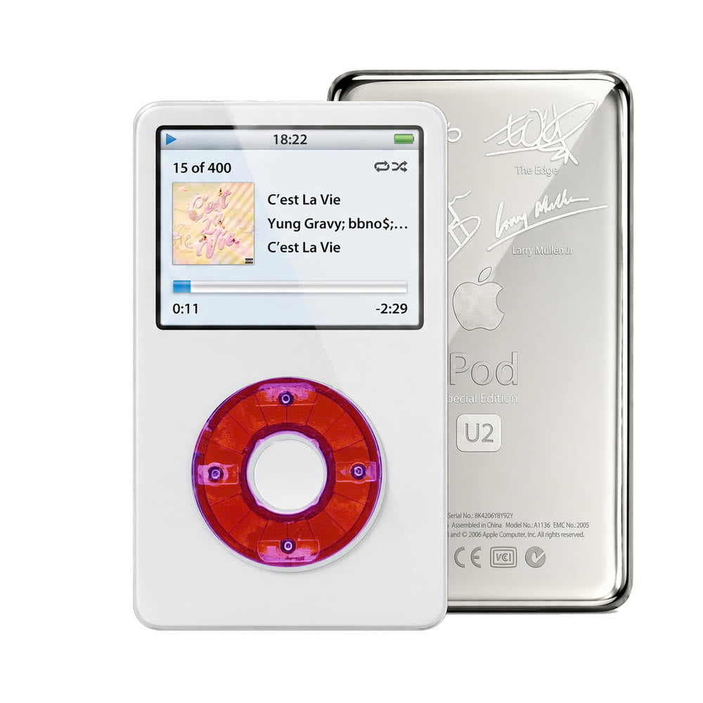 White refurbished iPod Video 5.5 Gen with Clear Purple click wheel and Silver U2 back plate
