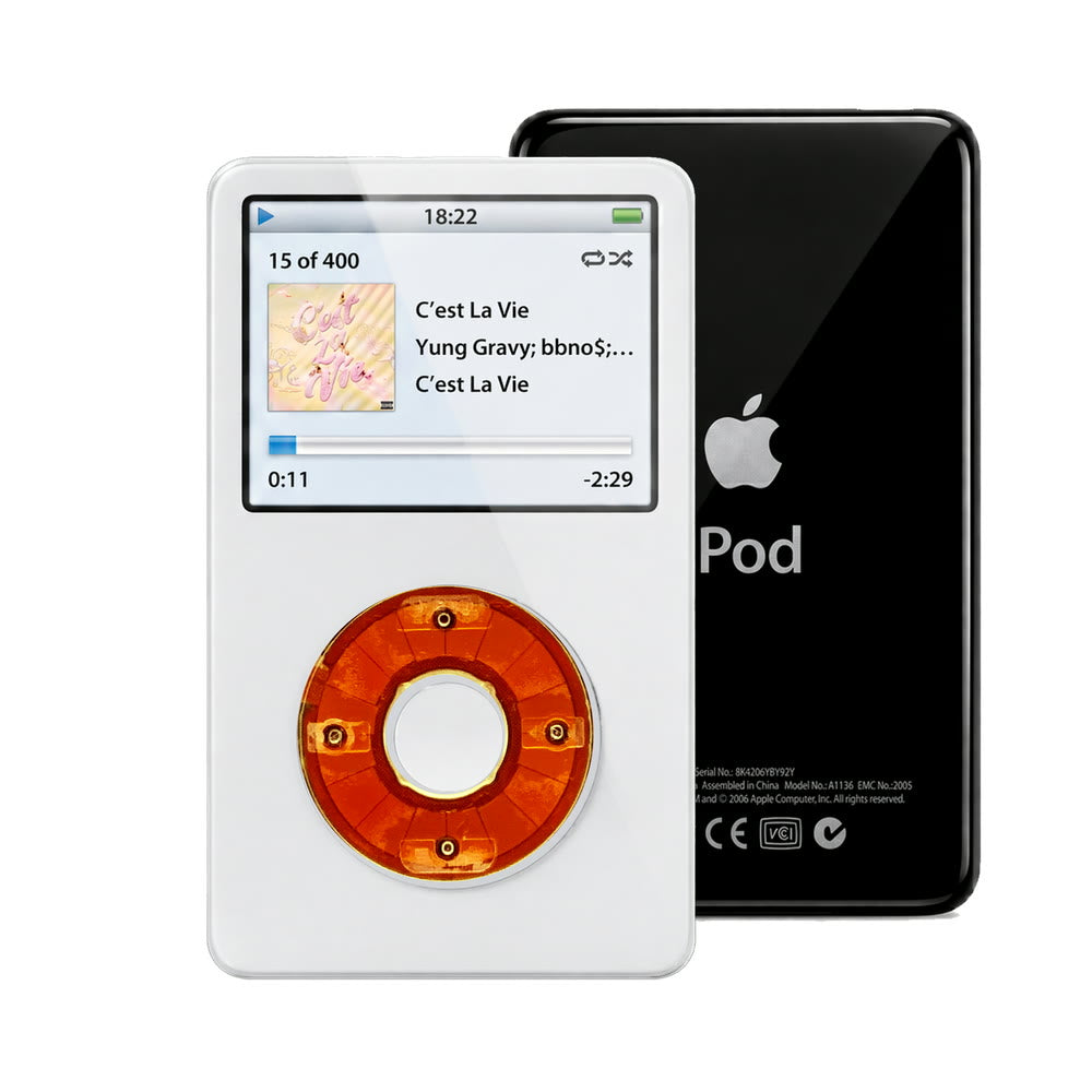 White refurbished iPod Video 5.5 Gen with Clear Red click wheel and Black back plate