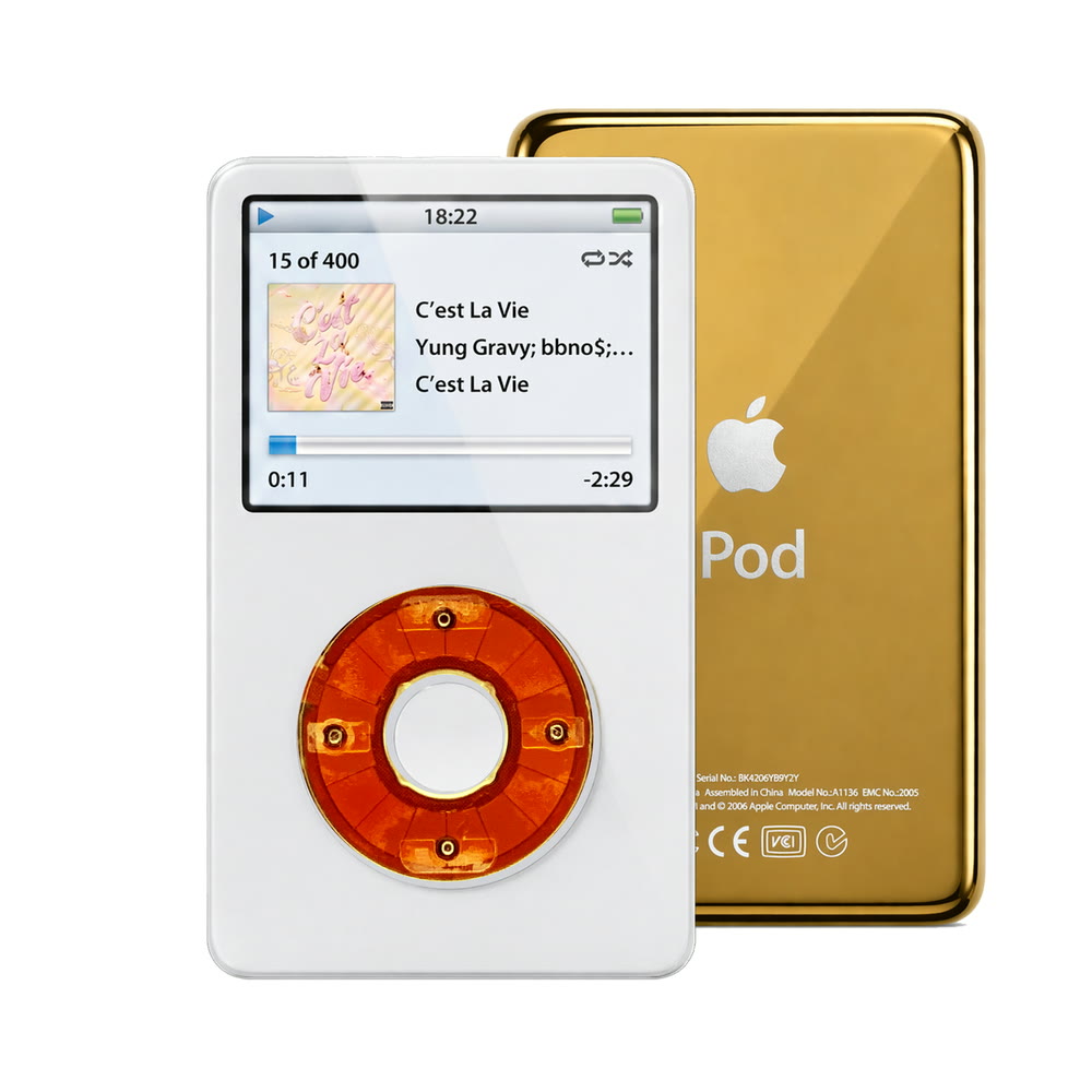 White refurbished iPod Video 5.5 Gen with Clear Red click wheel and Gold back plate