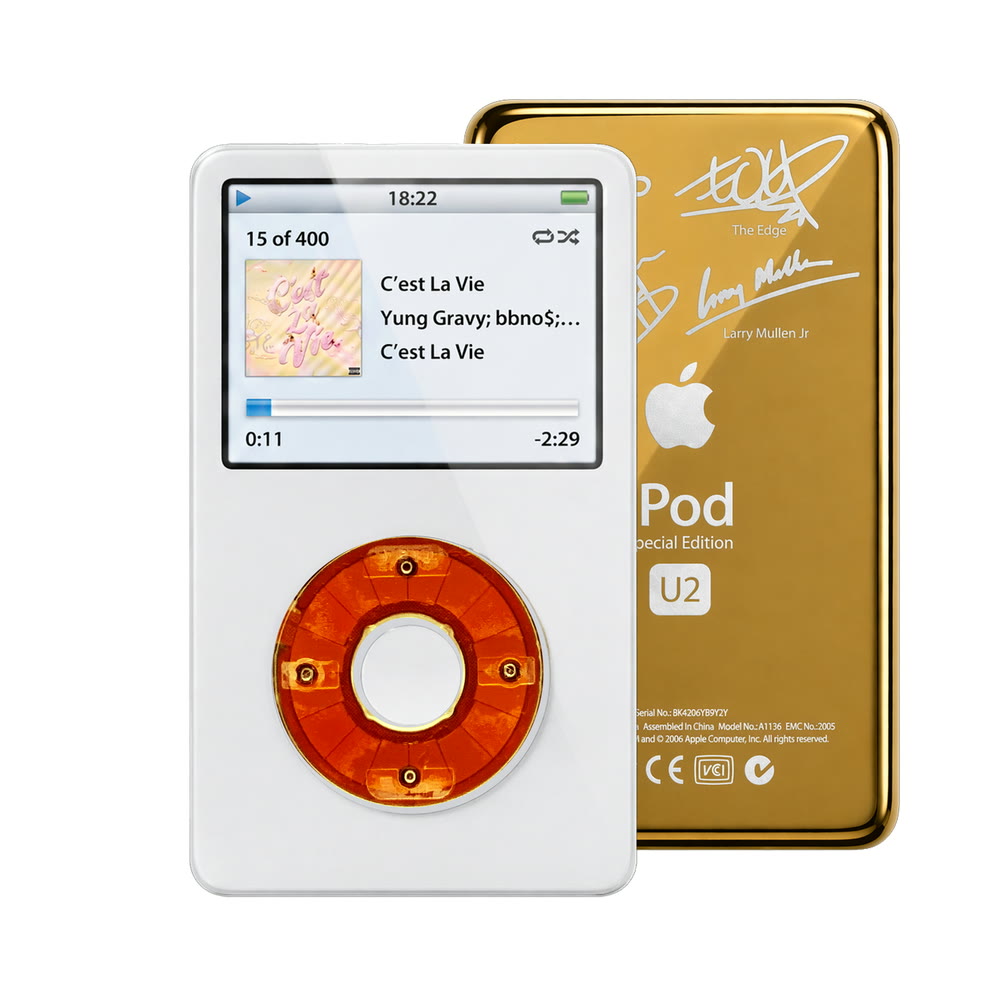 White refurbished iPod Video 5.5 Gen with Clear Red click wheel and Gold U2 back plate
