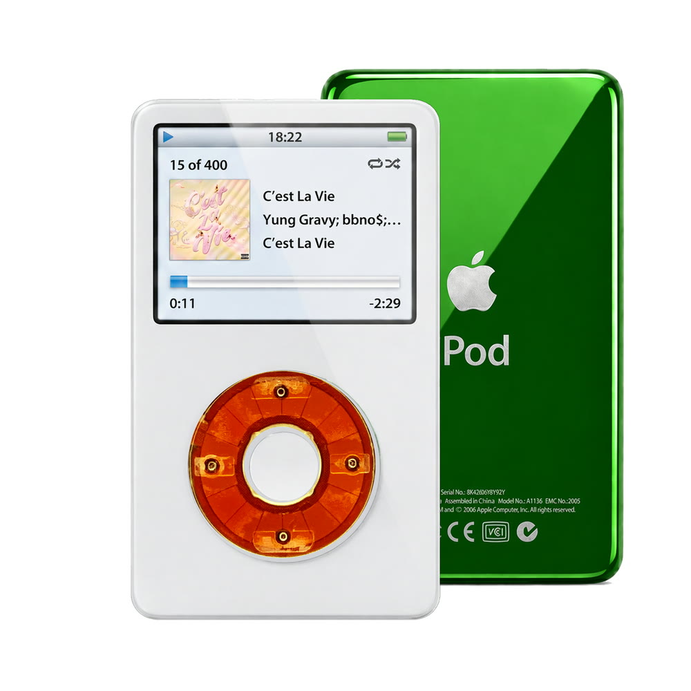 White refurbished iPod Video 5.5 Gen with Clear Red click wheel and Green back plate