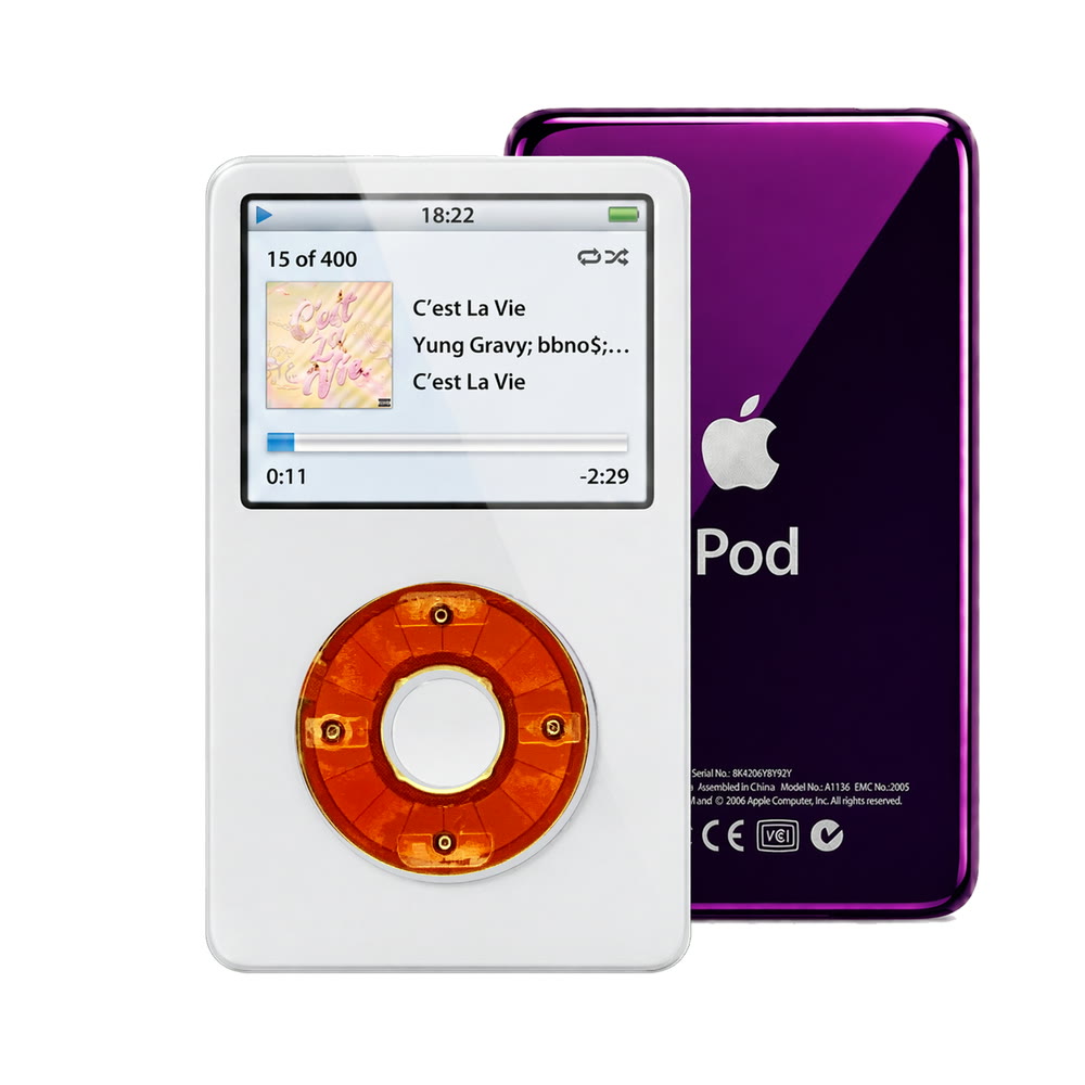 White refurbished iPod Video 5.5 Gen with Clear Red click wheel and Purple back plate