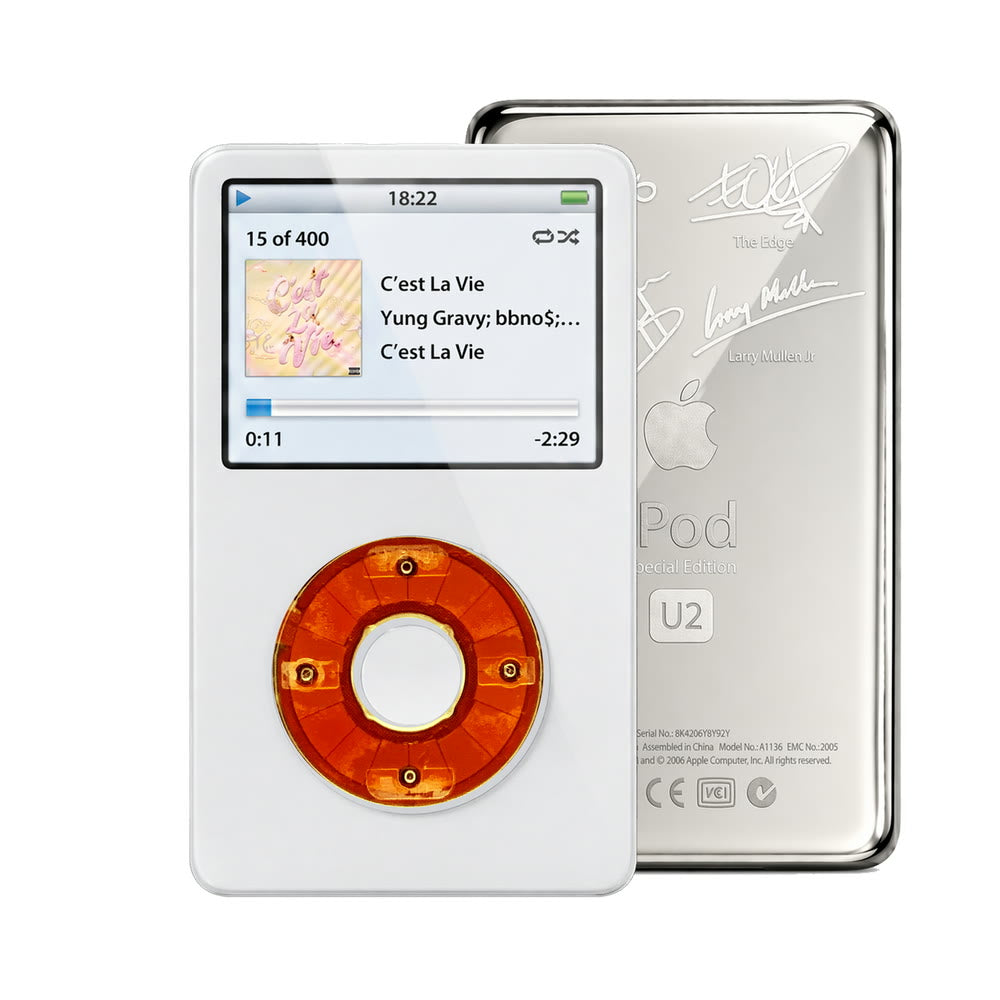 White refurbished iPod Video 5.5 Gen with Clear Red click wheel and Silver U2 back plate